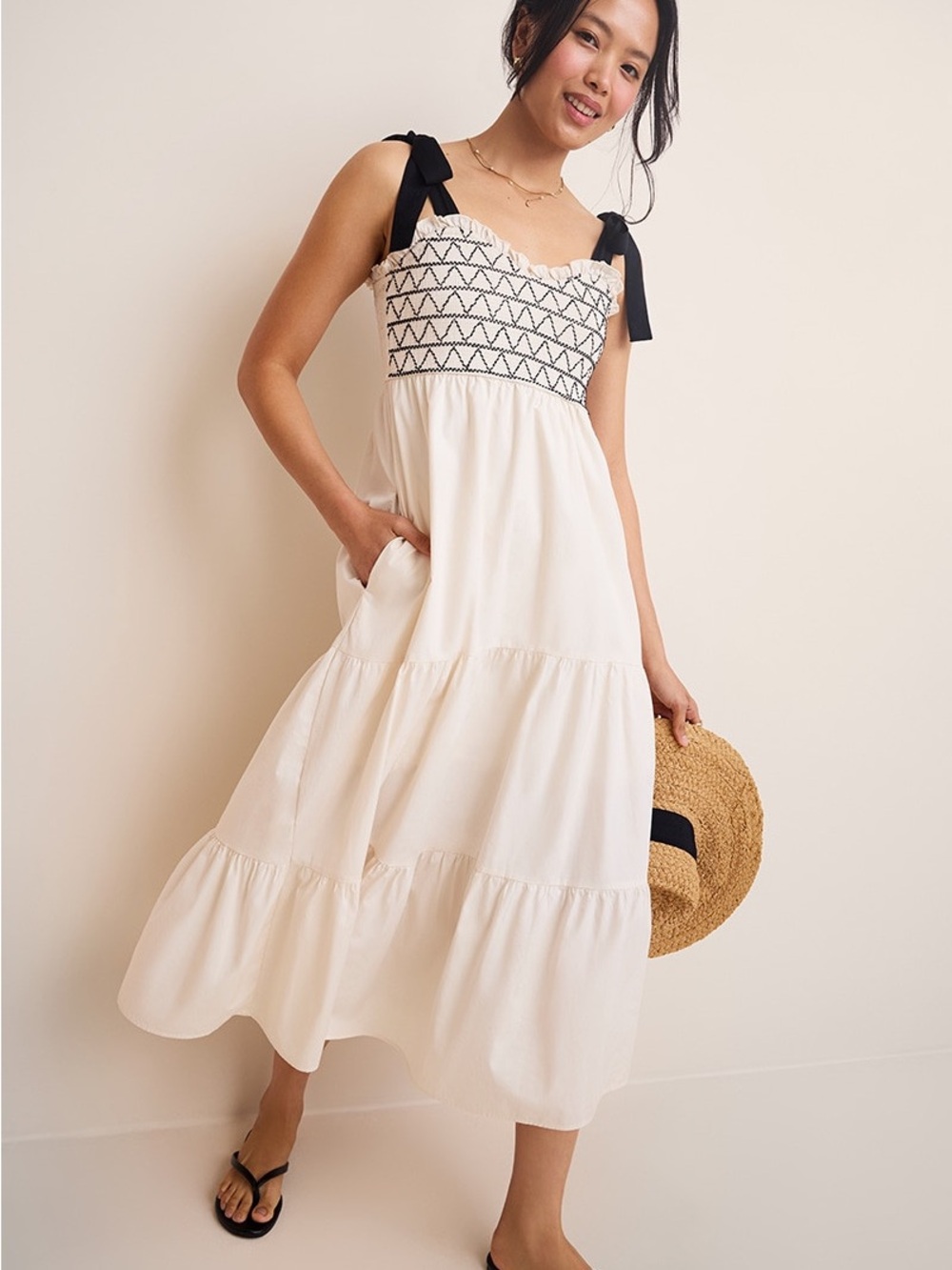Trixxi Cream Embroidered Maxi Dress with Black Tie Shoulder Ribbon Straps | M